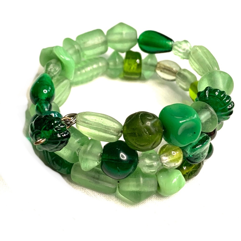 5/$40 Frosted Glass Jade Bead Memory Wire Wrap Bracelet Boho Multi Green Chunky